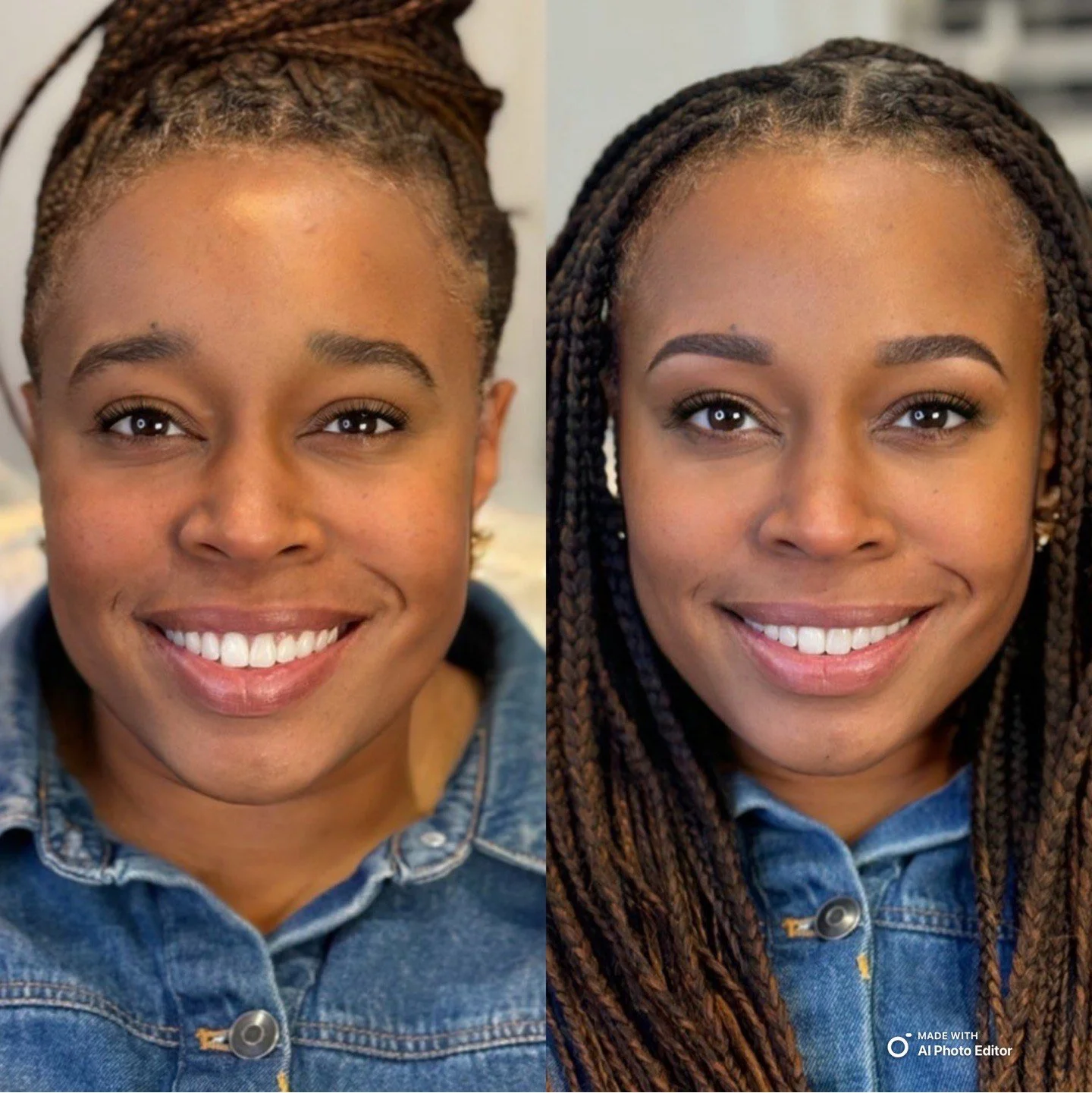 Side-by-side comparison photo of a woman smiling, with one side showing her with short, styled hair and the other with long, braided hair.