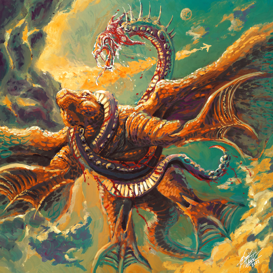 A digital painting of a sea monster with an octopus body and a dragon-like head, attacking in a stormy sea with a turbulent sky.