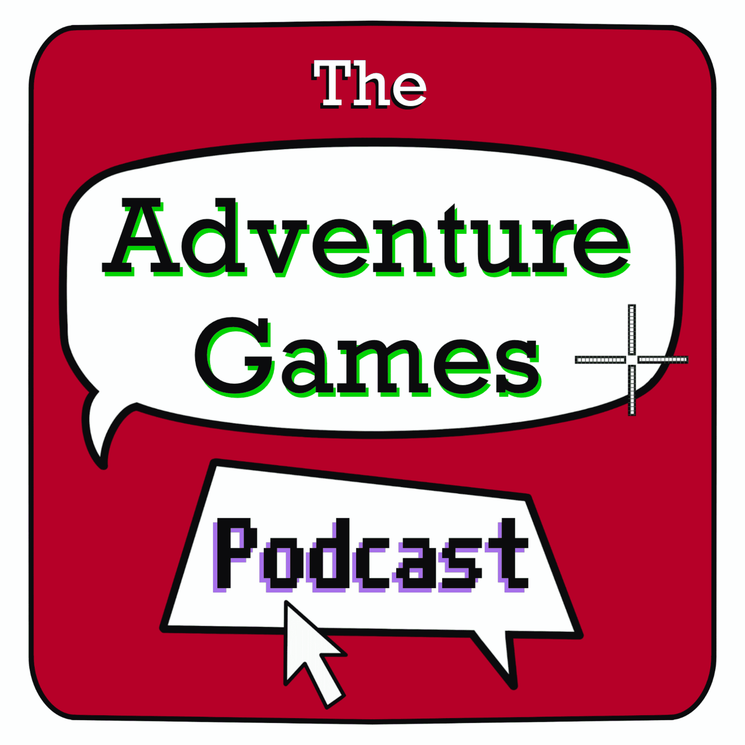 A comic-style red speech bubble with the words 'The Adventure Games' in black and green text.