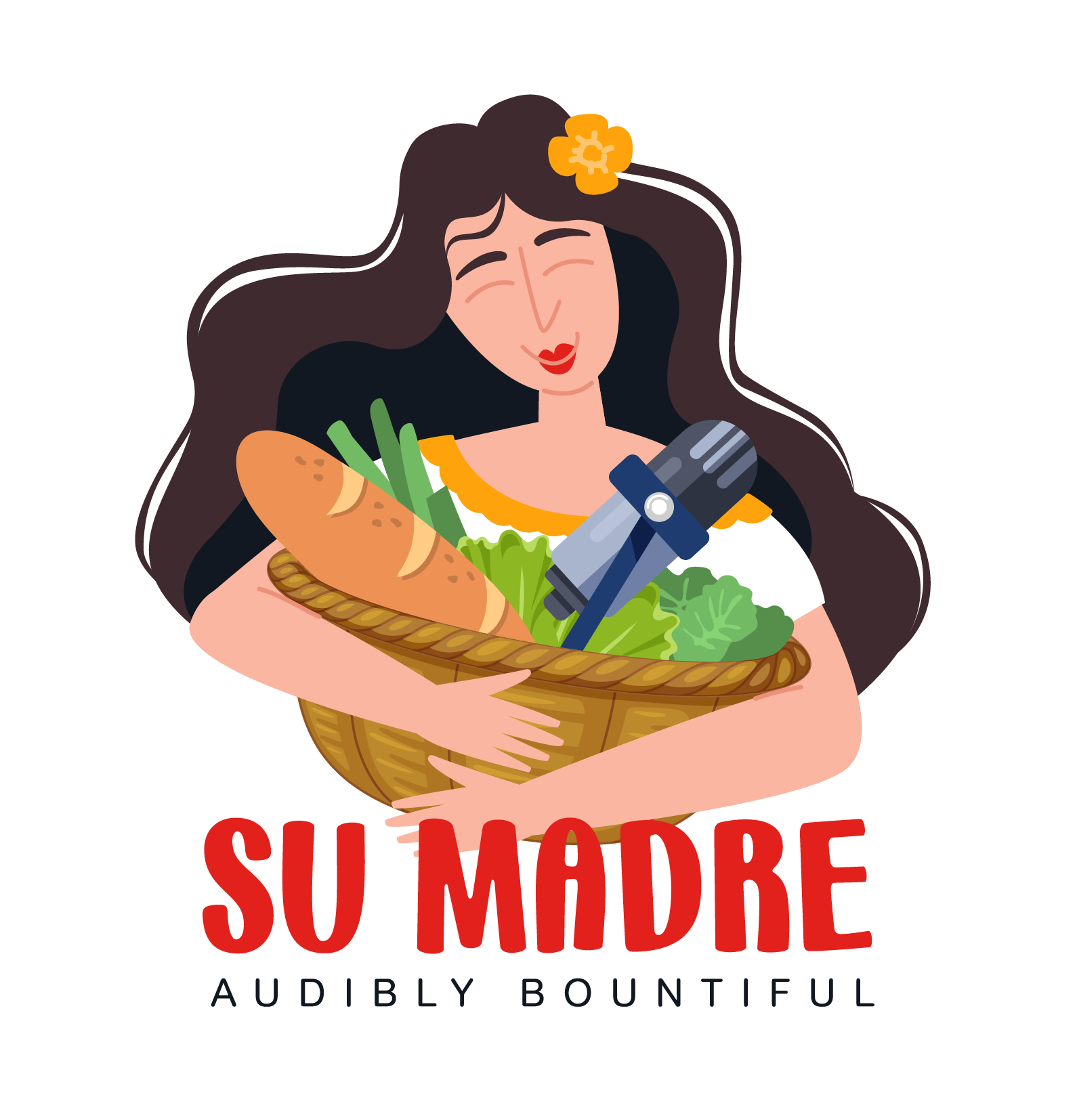 A cartoon illustration of a woman with long dark hair holding a basket filled with fresh vegetables and a rolling pin, smiling with her eyes closed and a flower in her hair.