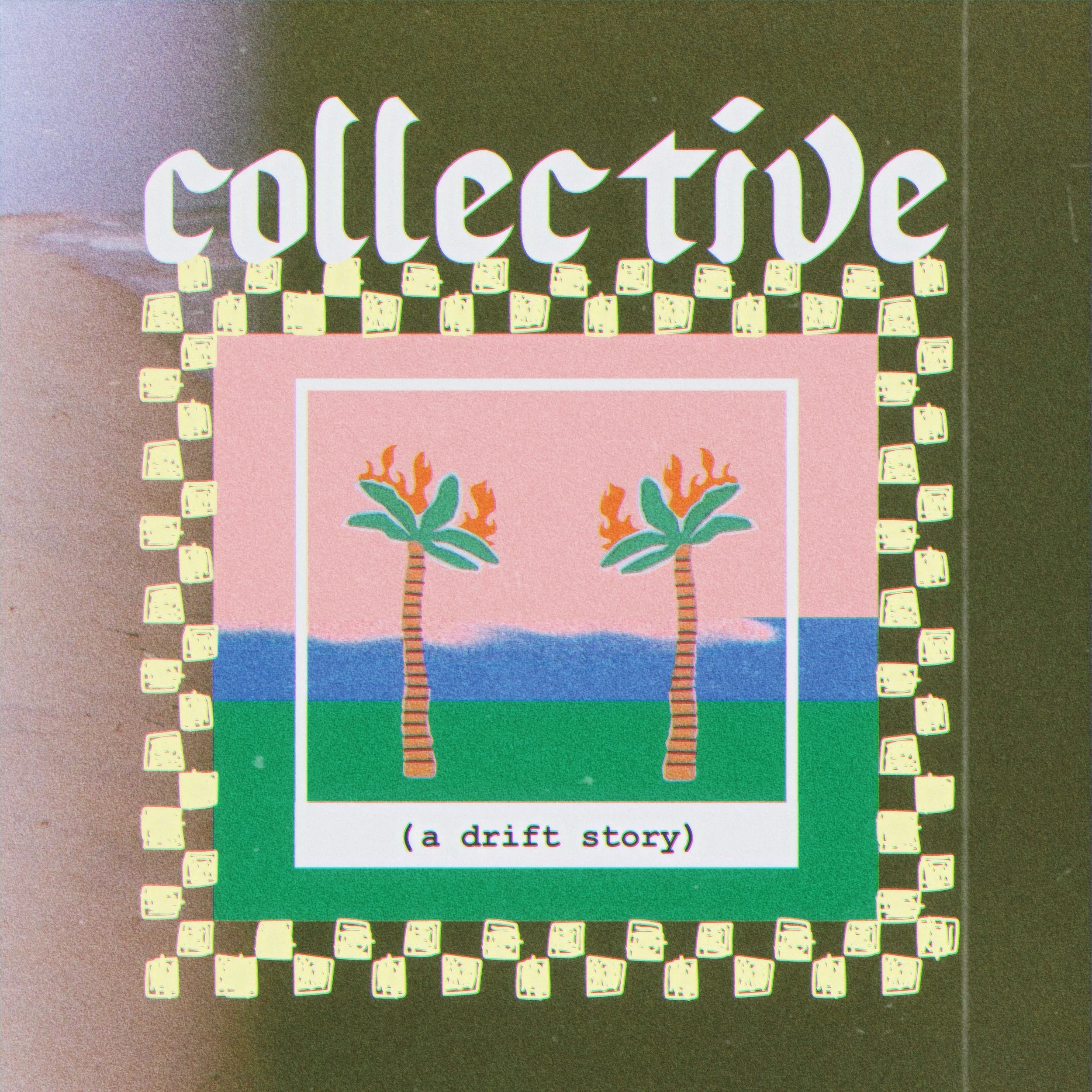 Colorful book cover titled 'Collection' with a subtitle '(a drift story)' and an illustration of two trees with flames at their base, set against a pink background surrounded by yellow dice.