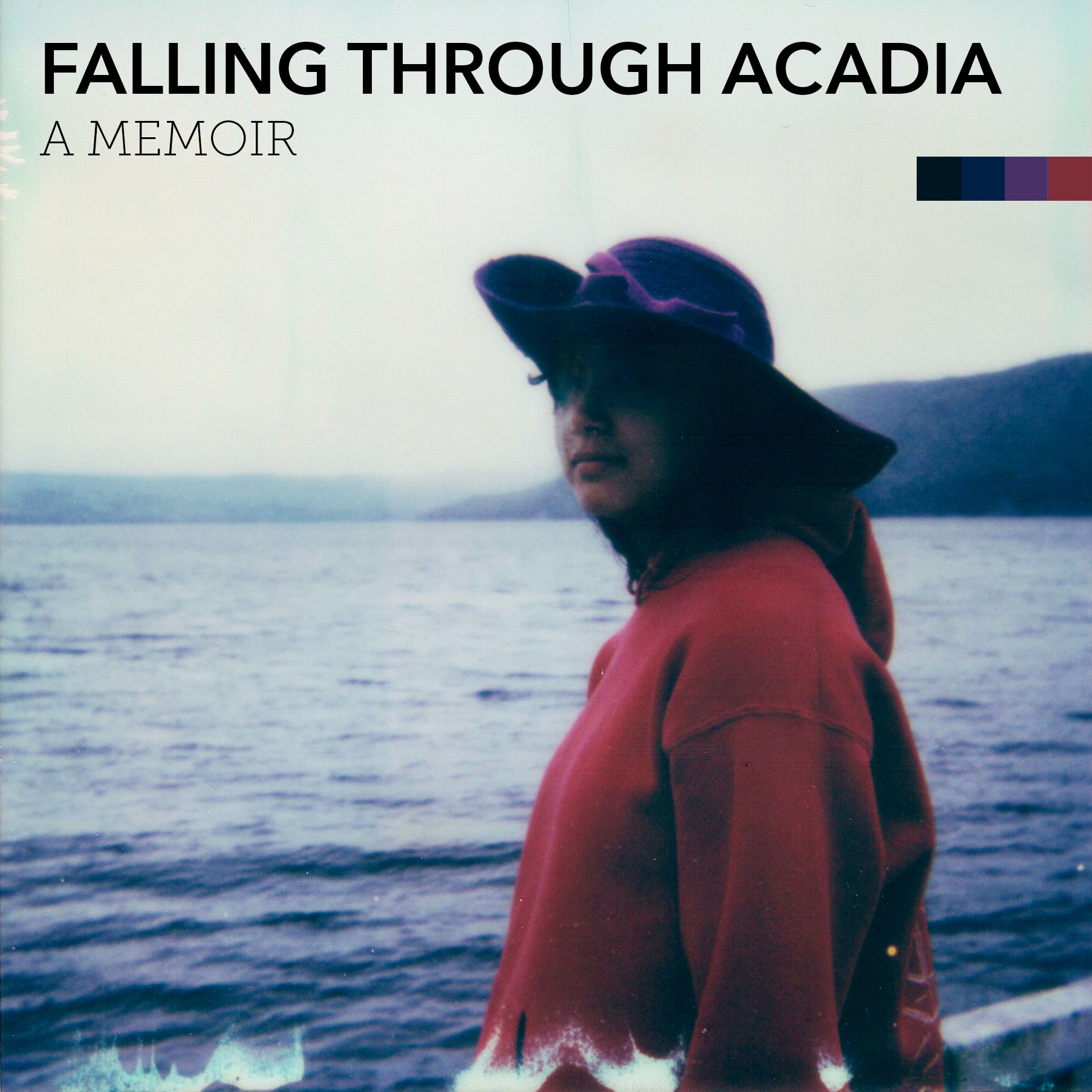 A person standing near a body of water, facing sideways with their face partially visible, wearing a wide-brimmed hat with a purple ribbon and a red jacket.