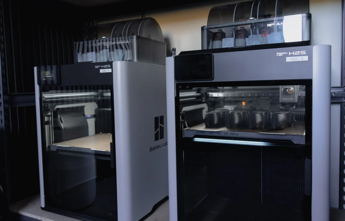 Two Bambu Lab H2S printers in The Rocker Feet Co. print farm