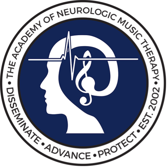 Academy of Neurologic Music Therapy circular logo featuring a white human profile, musical notes, and an ECG line on a navy blue background
