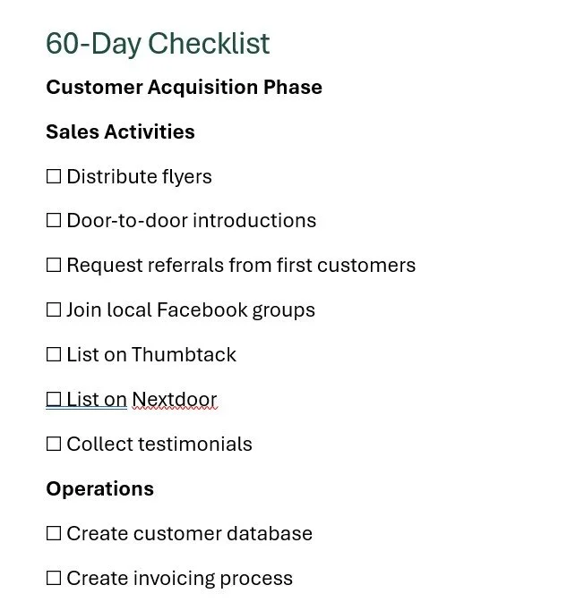 A digital checklist titled '60-Day Checklist' with sections for Customer Acquisition Phase and Operations. The list includes tasks such as distributing flyers, door-to-door introductions, requesting referrals, joining Facebook groups, listing on Thum