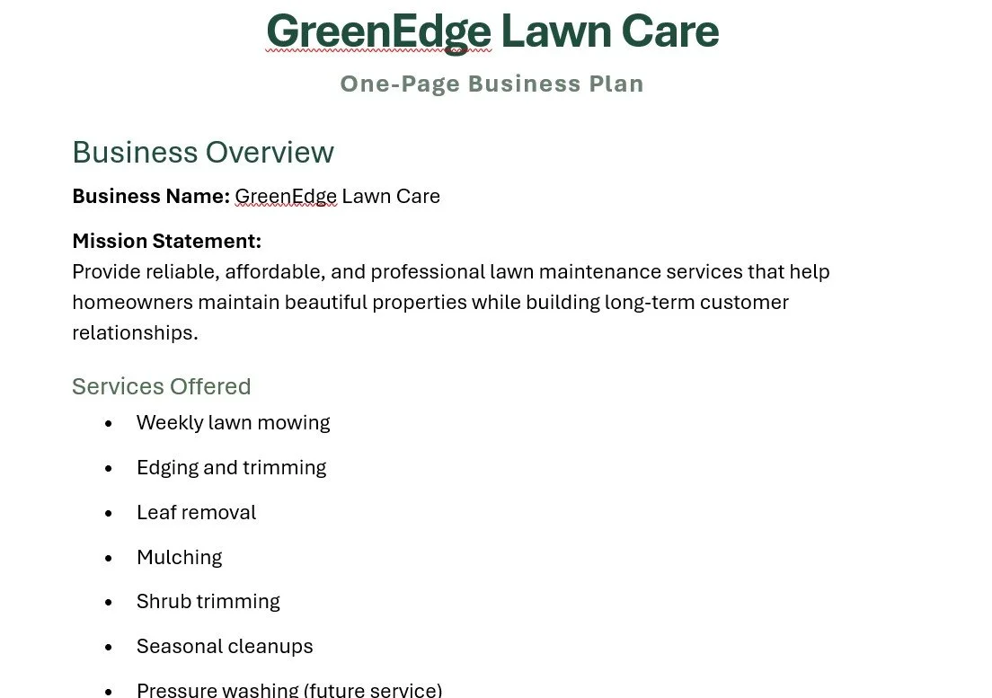 One-page business plan document for GreenEdge Lawn Care, including business overview, mission statement, and services offered.