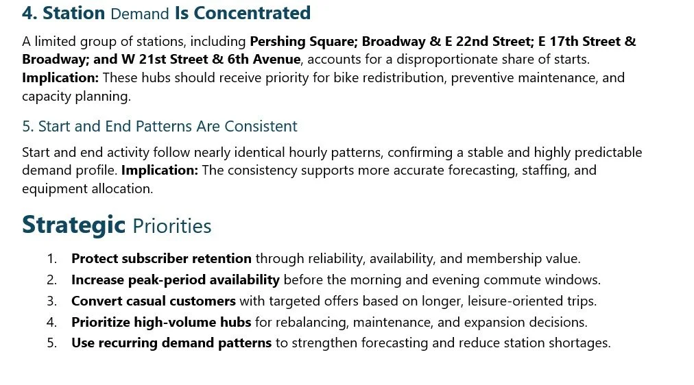 Text excerpt discussing transportation planning, focusing on the importance of strategically place stations at key intersections like Pershing Square and W 21st Street & 6th Avenue. It emphasizes prioritizing hubs for bike redistribution, maintenance
