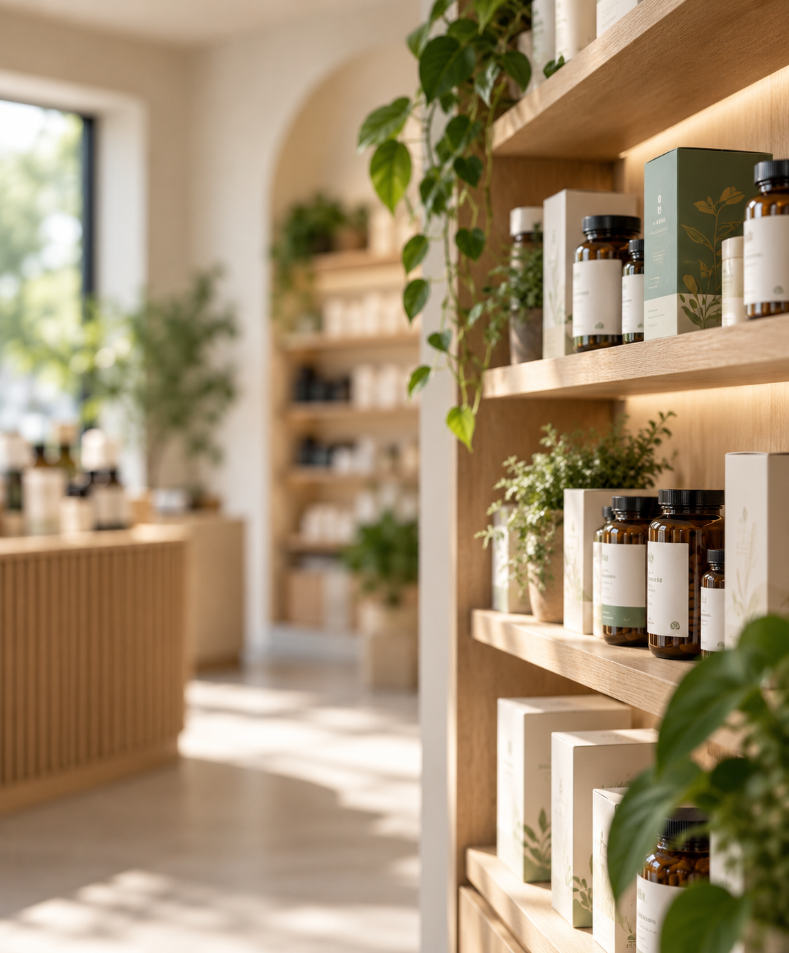 Shelves with health supplement bottles and boxes, potted plants, in a natural light-filled store