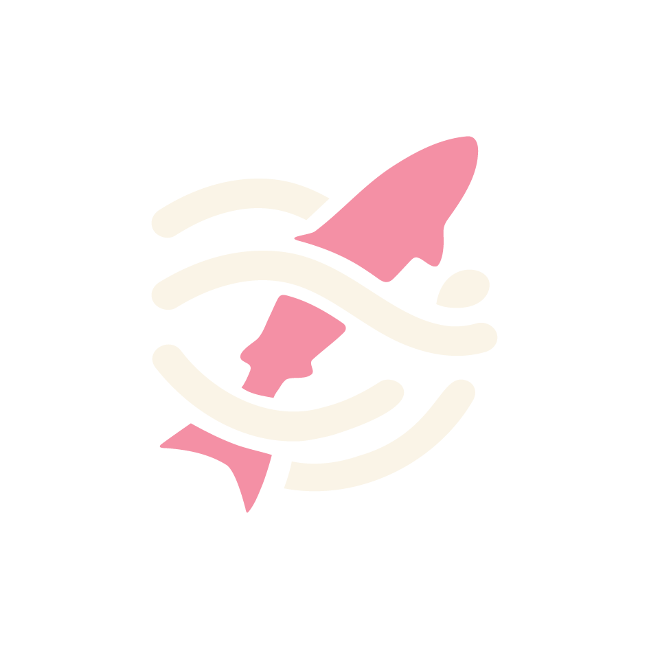 A stylized illustration of a fish with pink and white accents, encircled by curved white lines.