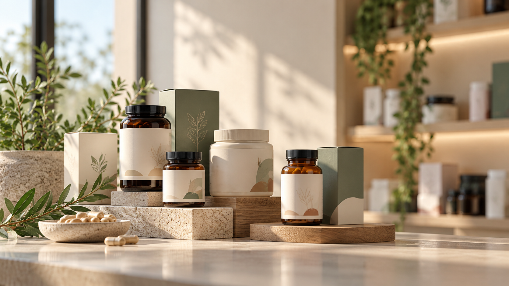 Assorted dietary supplement bottles and boxes on display with greenery in the background.