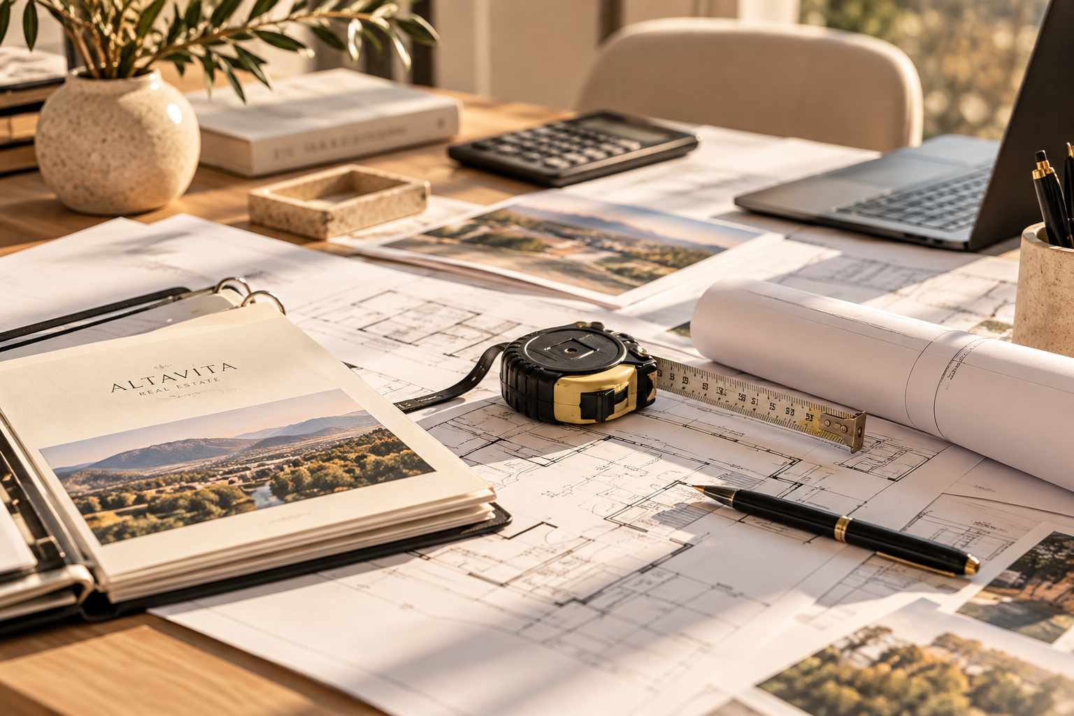 Planos arquitectónicos, cinta métrica y documentación inmobiliaria sobre una mesa de trabajo, utilizados para el análisis técnico y la tasación de inmuebles.