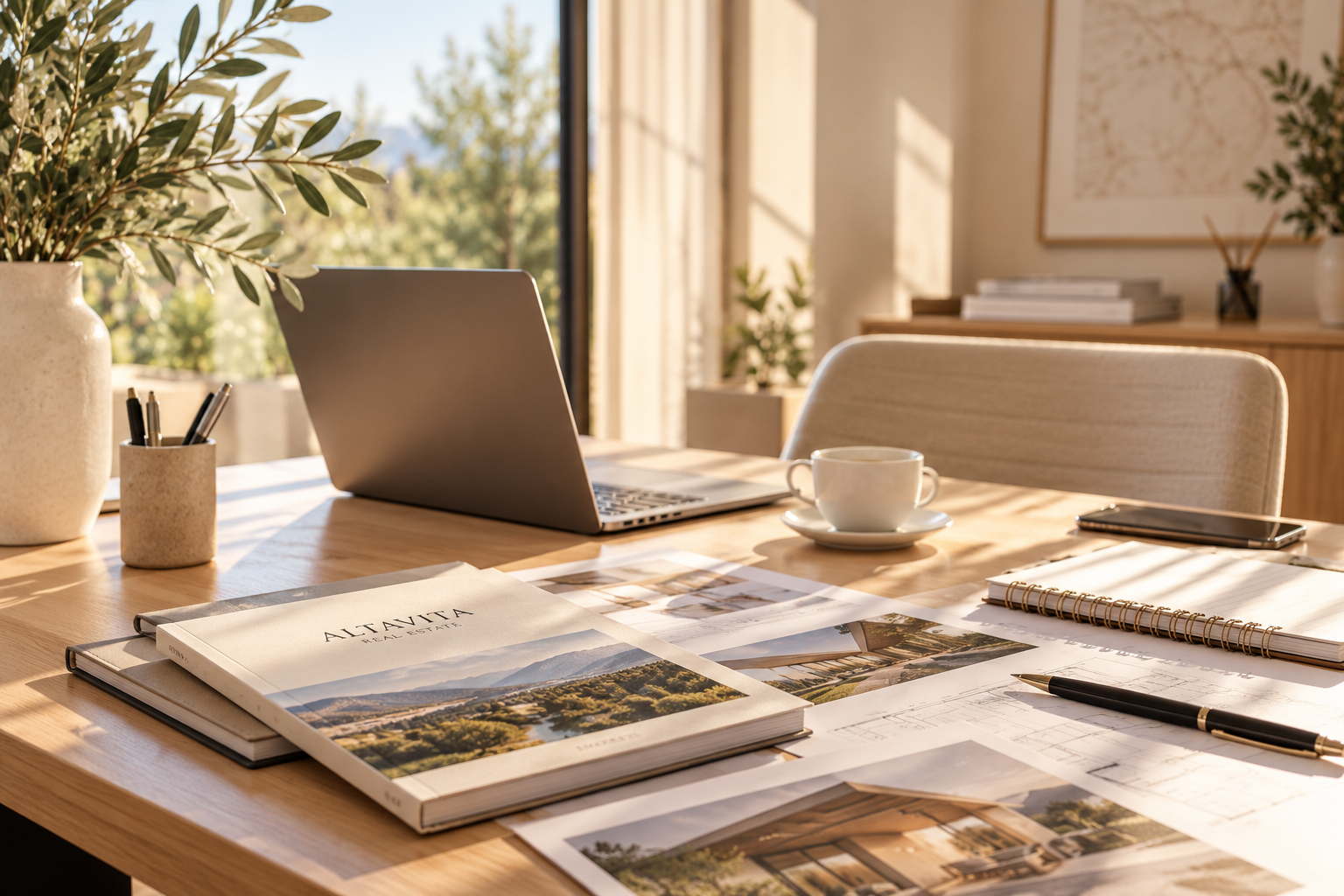 Espacio de trabajo de estilo contemporáneo, con computadora portátil, planos y documentación inmobiliaria sobre un escritorio de madera, iluminado con luz natural.