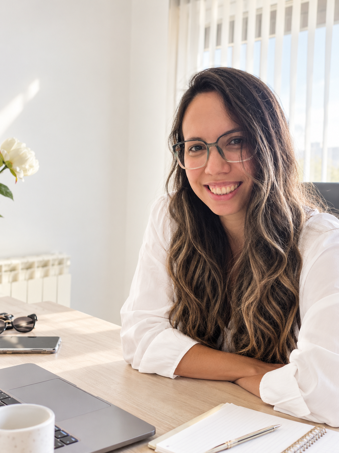 Virginia Bonini, Martillera y Corredora Pública de ALTAVITA Real Estate, en su espacio de trabajo, brindando atención y representación inmobiliaria personalizada en Neuquén, Argentina.