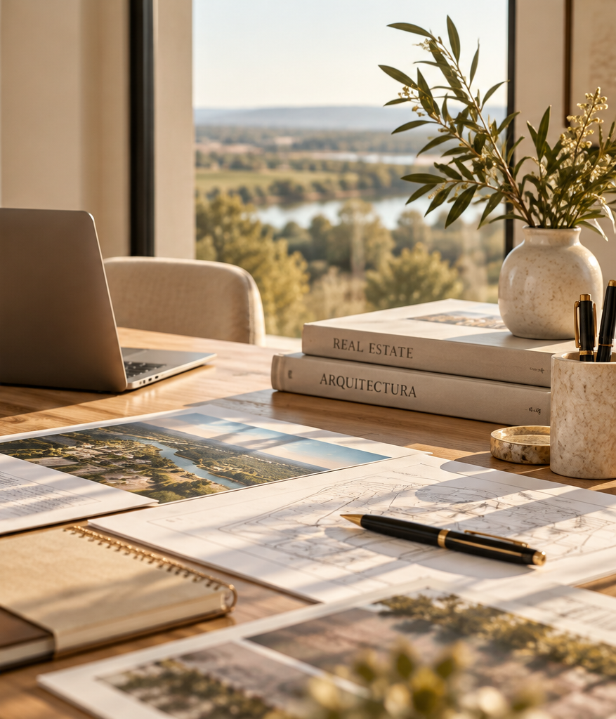 Mesa de trabajo con computadora portátil, libros de bienes raíces y arquitectura, planos, fotos, cuaderno y bolígrafo, decoraciones con plantas, vista panorámica por ventana