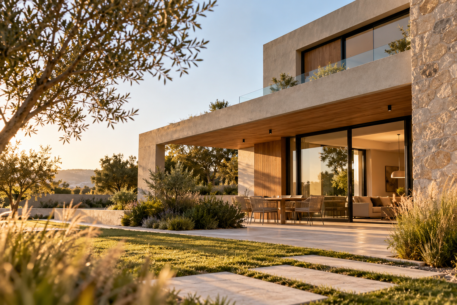 Vivienda contemporánea de arquitectura moderna, con grandes ventanales, jardín y espacios exteriores, representativa del servicio de comercialización inmobiliaria de ALTAVITA Real Estate.