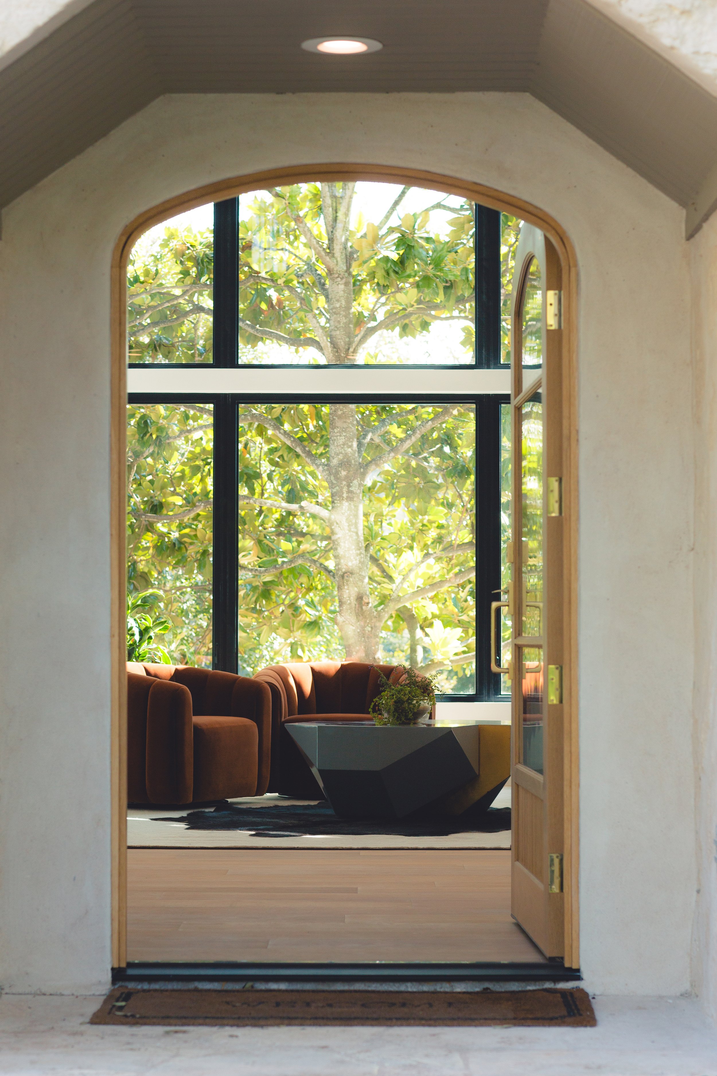 View through an open door into a living room with large windows, fshowcasing a magnolia tree with grounded by an inviting space.