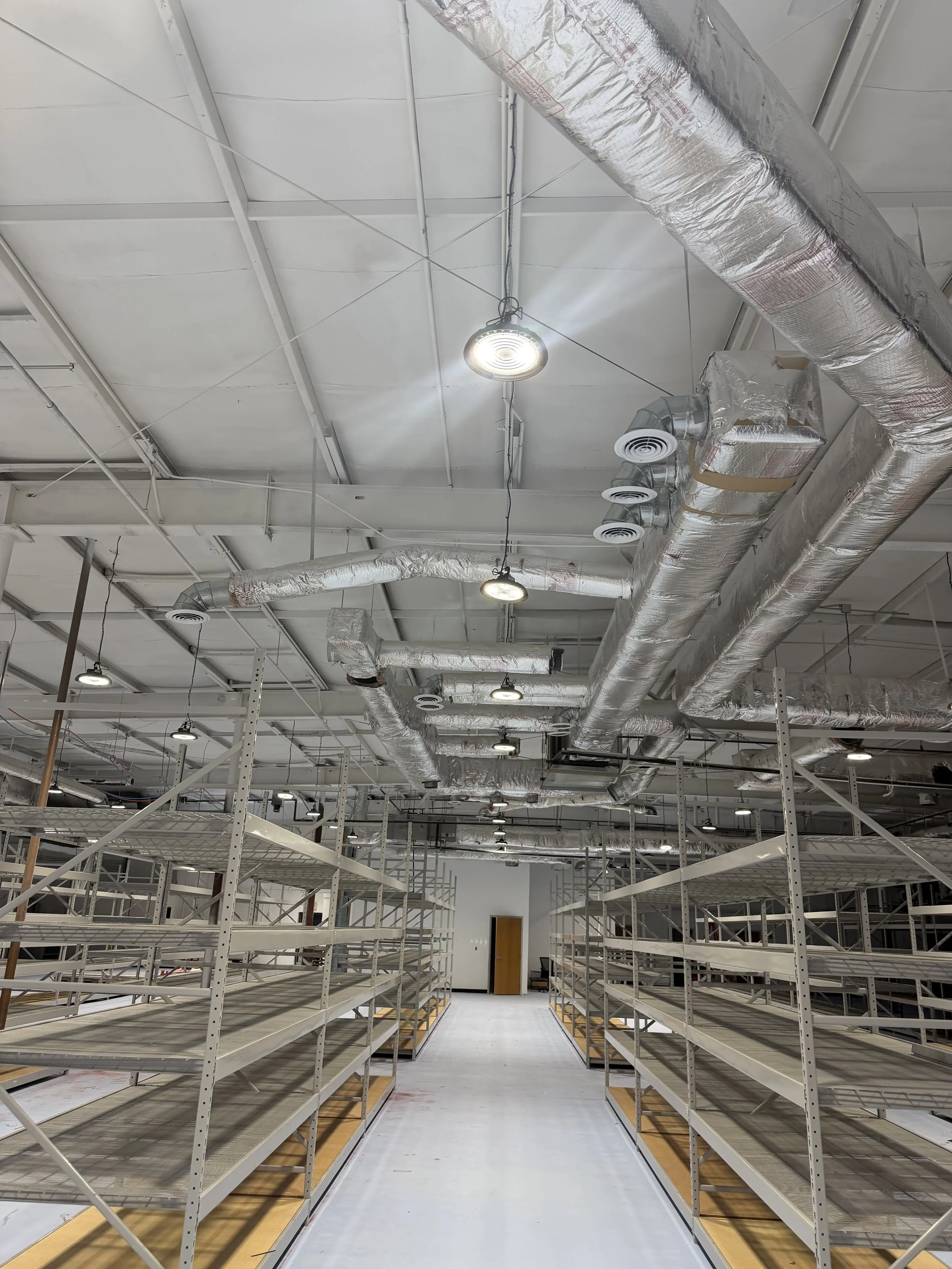 An empty retail store or warehouse with metal shelving units, ventilation ducts on the ceiling, and a corridor leading to a closed door.