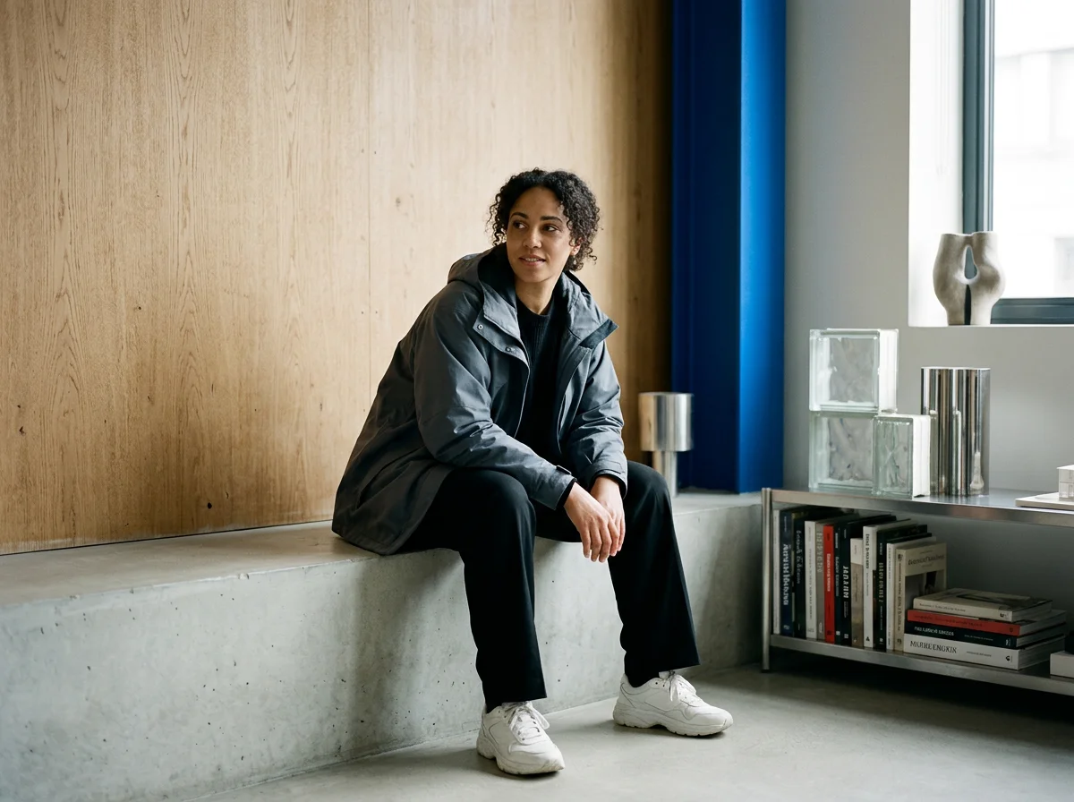 A young woman with curly black hair, wearing a dark rain jacket, black pants, and white sneakers, sitting on a concrete bench next to a wooden wall in a modern interior space with a window, books, and decorative objects.