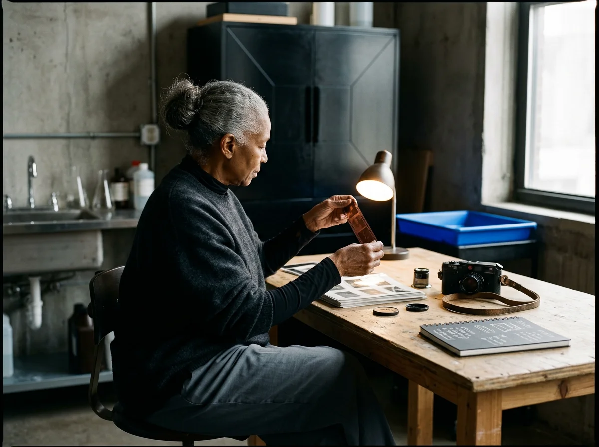 An elderly woman with gray hair pulled back sitting at a wooden table, looking at a strip of film or photographs. The table has a camera, camera lens caps, a notebook, and a small jar. The setting appears to be a studio or creative workspace with a concrete wall, a window providing natural light, and a small desk lamp illuminating her work.
