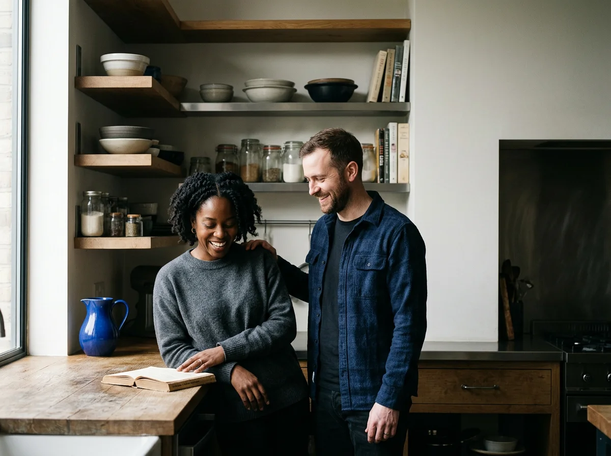 A woman and a man share a moment of laughter in a modern kitchen. The woman stands by a wooden counter with an open book, while the man stands close, touching her shoulder. Open shelves with bowls, jars, and books are in the background.