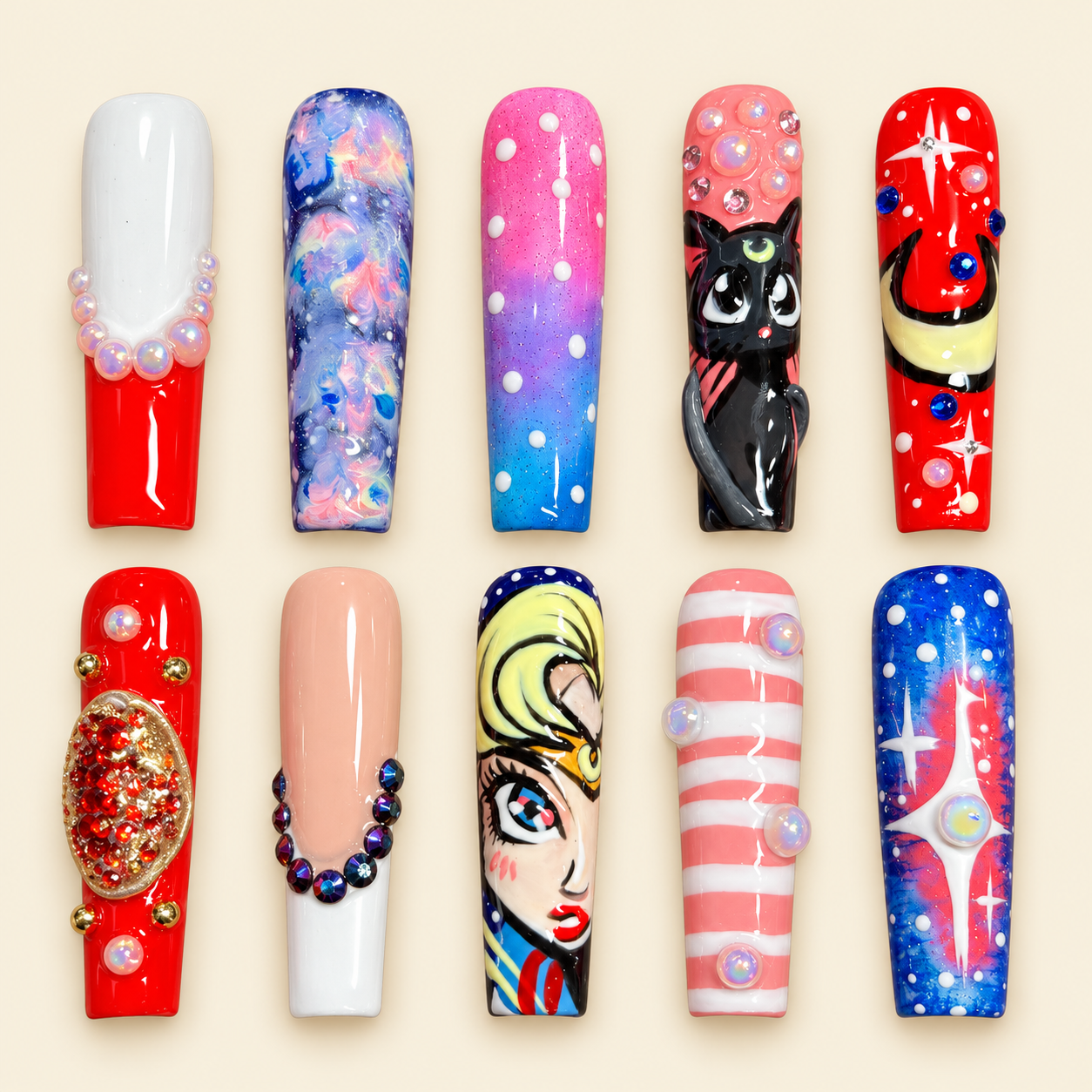 Sailor Moon ten-piece nail art flat lay.png
