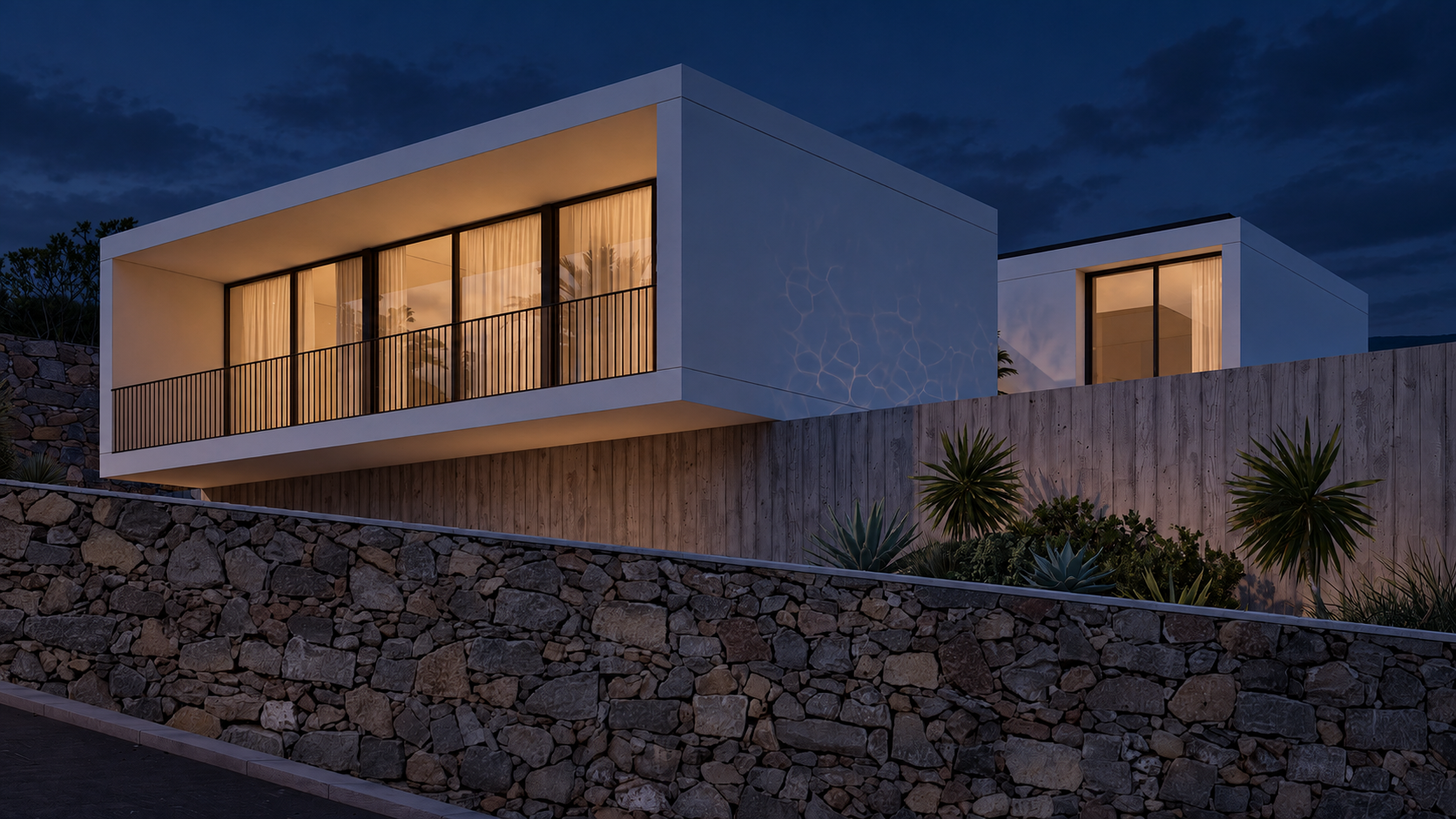 Casa cúbica sob o céu noturno.png