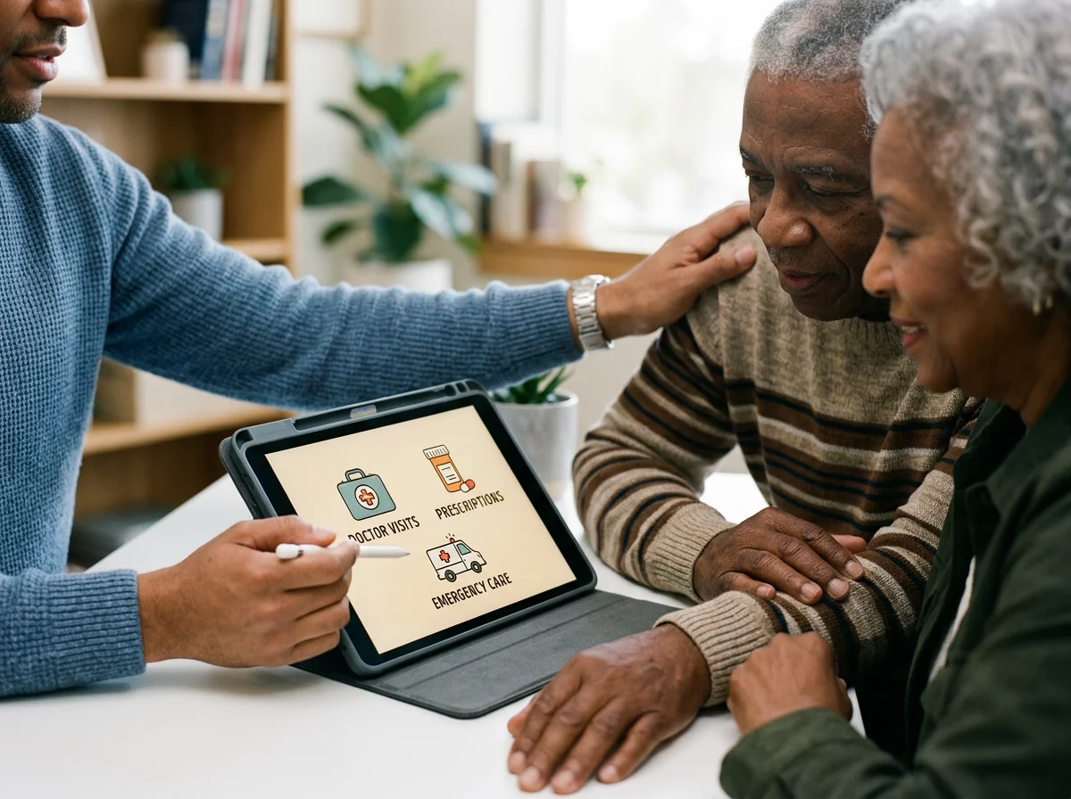 An elderly man and woman consulting with a healthcare professional in a bright room, with a tablet displaying icons for doctor visits, prescriptions, and emergency care.