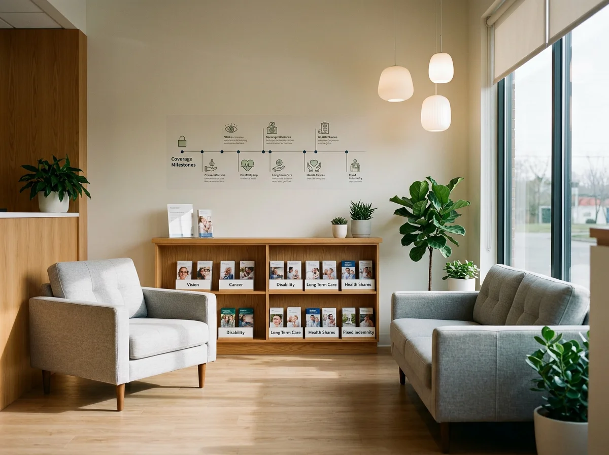 Waiting area in an office with two gray sofas, wooden shelves with brochures labeled for healthcare services, and potted plants. Large window with blinds lets in natural light.