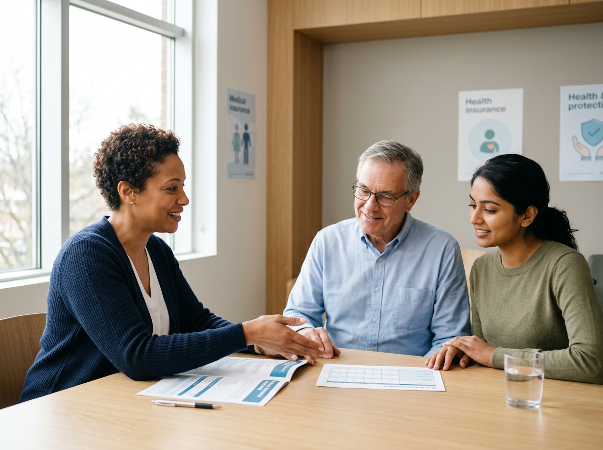 A woman in a navy blue cardigan discusses insurance options with an older man and a young woman at a meeting table in an office, with health insurance posters on the wall and a glass of water on the table.