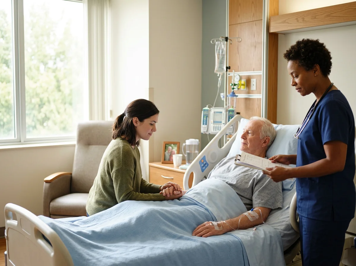 A young woman sits at the bedside of an elderly man lying in a hospital bed, holding his hand and looking at him with concern. A nurse stands nearby holding a clipboard, monitoring the patient. The room is bright with natural light coming through a window.