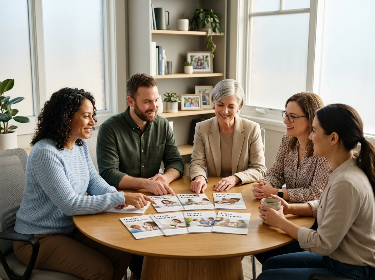 Five people sitting around a wooden table in a bright office, discussing printed materials, with framed photos and books on shelves in the background.