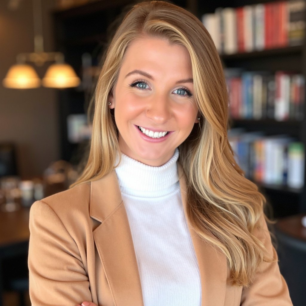 A smiling woman with long blonde hair, wearing a white turtleneck and tan blazer, standing in a room with a bookshelf and warm lighting in the background.