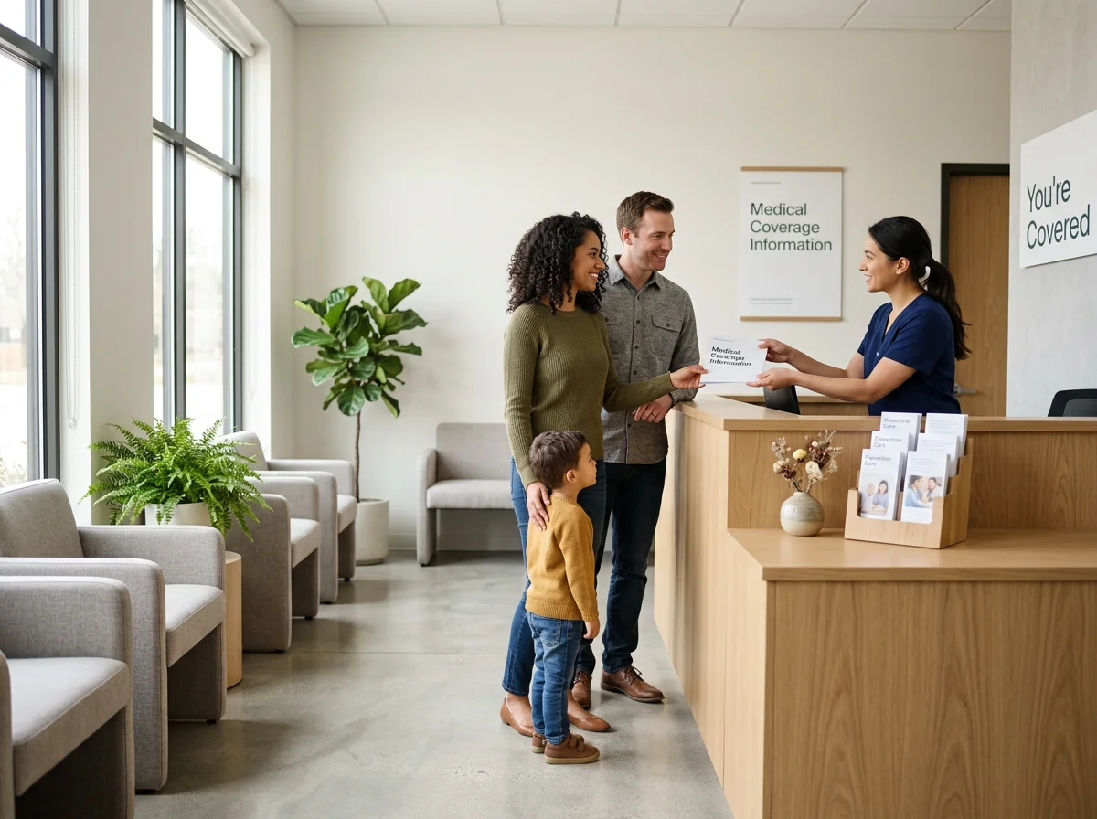 A diverse family of three, including a woman, a man, and a young boy, is at a medical reception desk. The woman is receiving a document from a smiling nurse behind the desk. The waiting area has large windows, potted plants, and light-colored furniture.