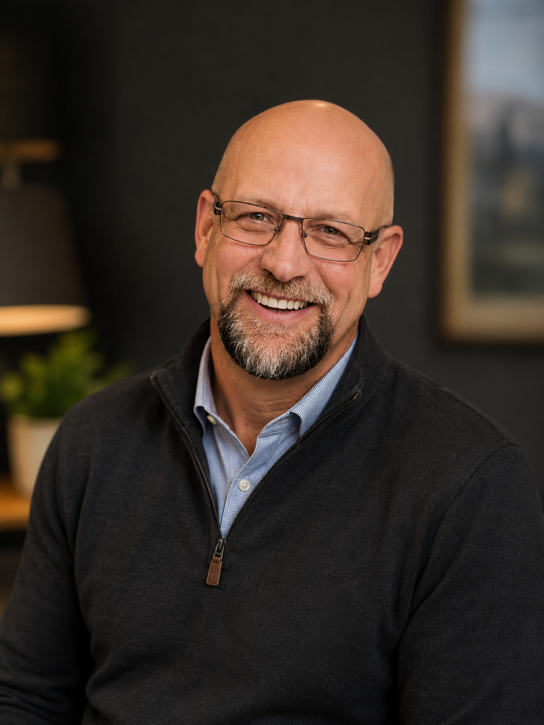 A smiling, bald man with glasses, a goatee, wearing a dark zip-up sweater over a light blue collared shirt, sitting indoors with blurred background.