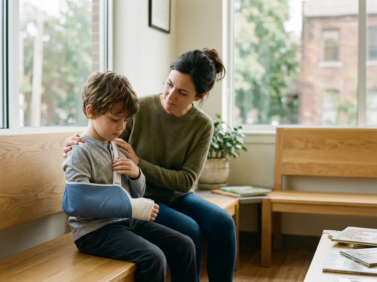A woman sits on a wooden bench holding and comforting a boy with a broken arm in a splint, in a room with large windows and a potted plant.