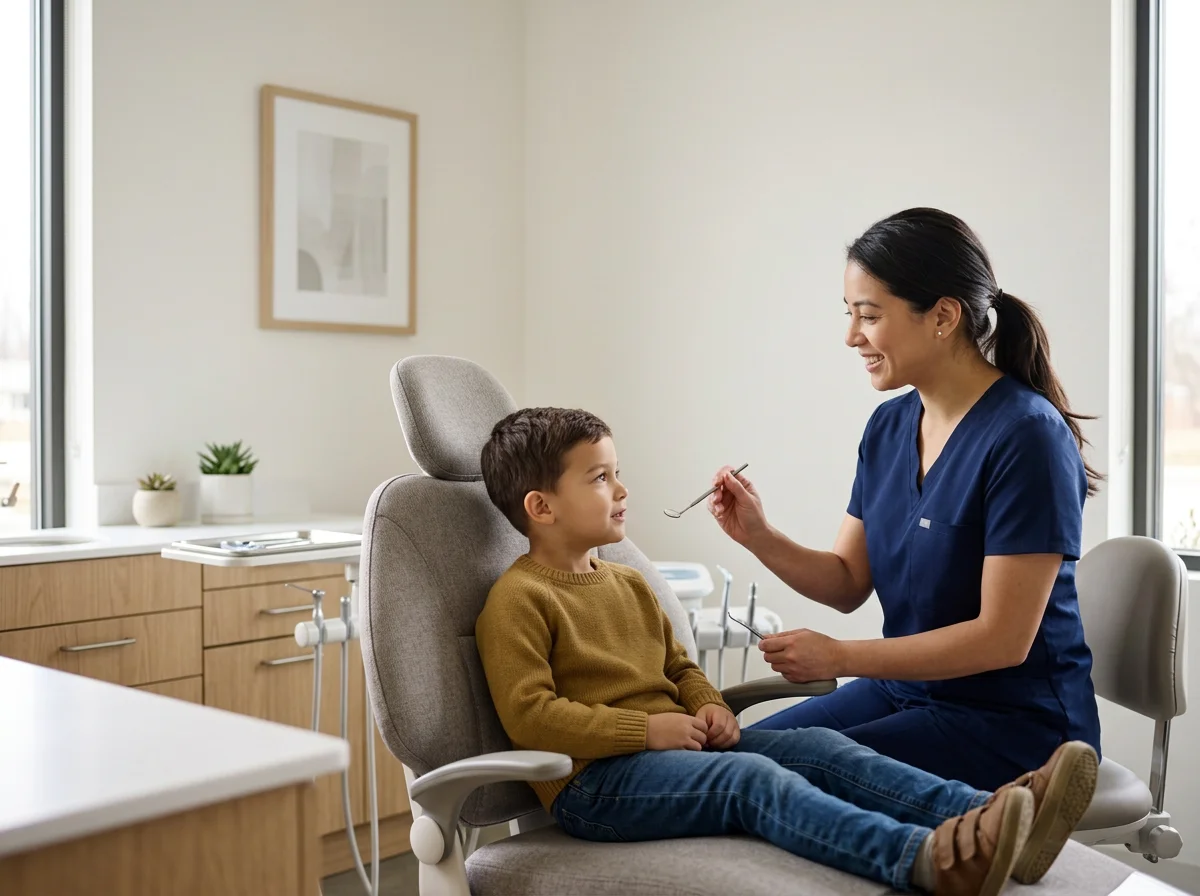 A healthcare professional, wearing navy scrubs, talking to a young boy sitting in a dental chair in a modern dental office. The boy is wearing a mustard yellow sweater and jeans, sitting with his legs extended and feet up on the chair. The office has a window, wooden cabinets, and a framed picture on the wall.