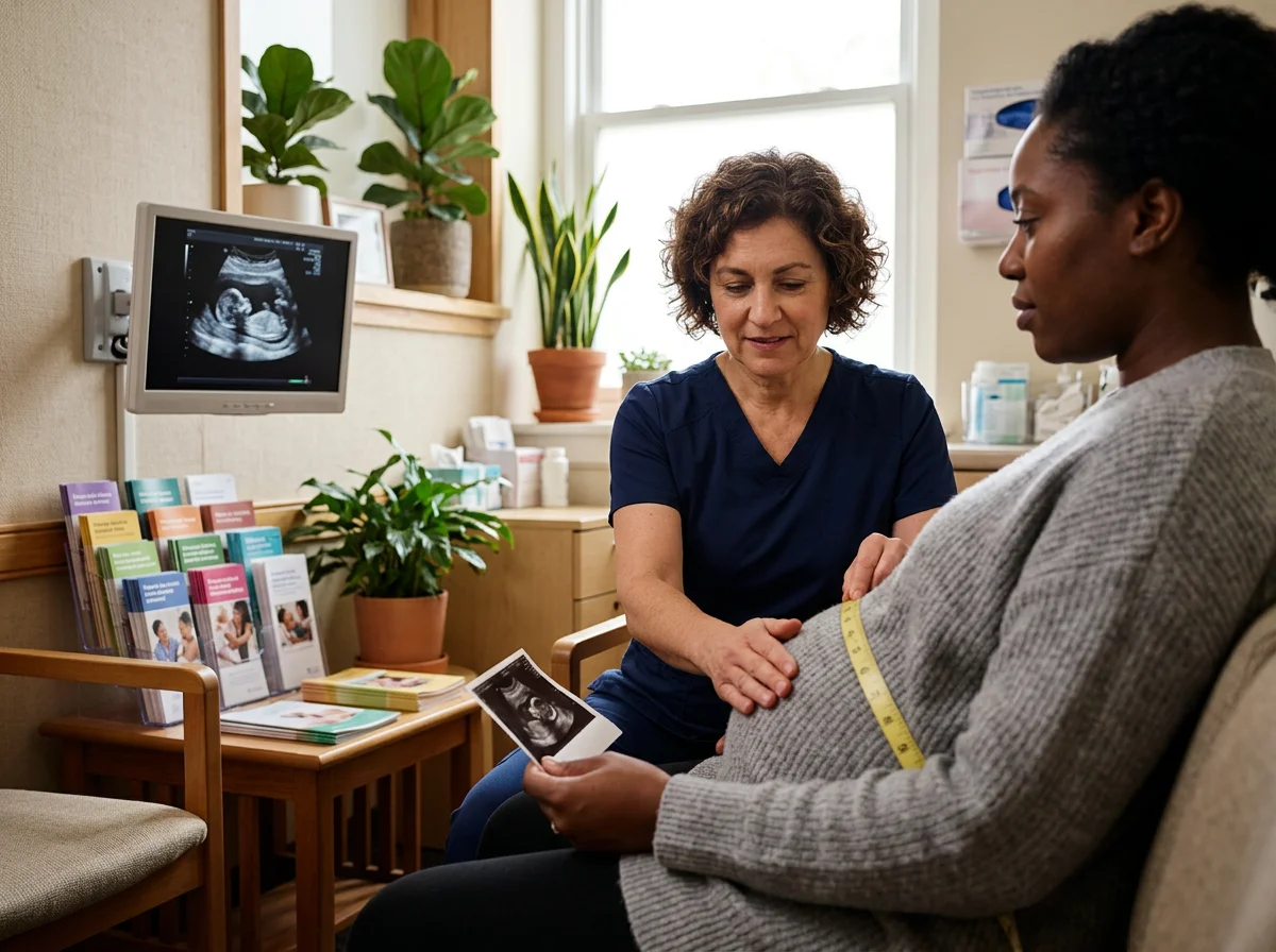 A healthcare professional showing an ultrasound image to a pregnant woman in a medical clinic.