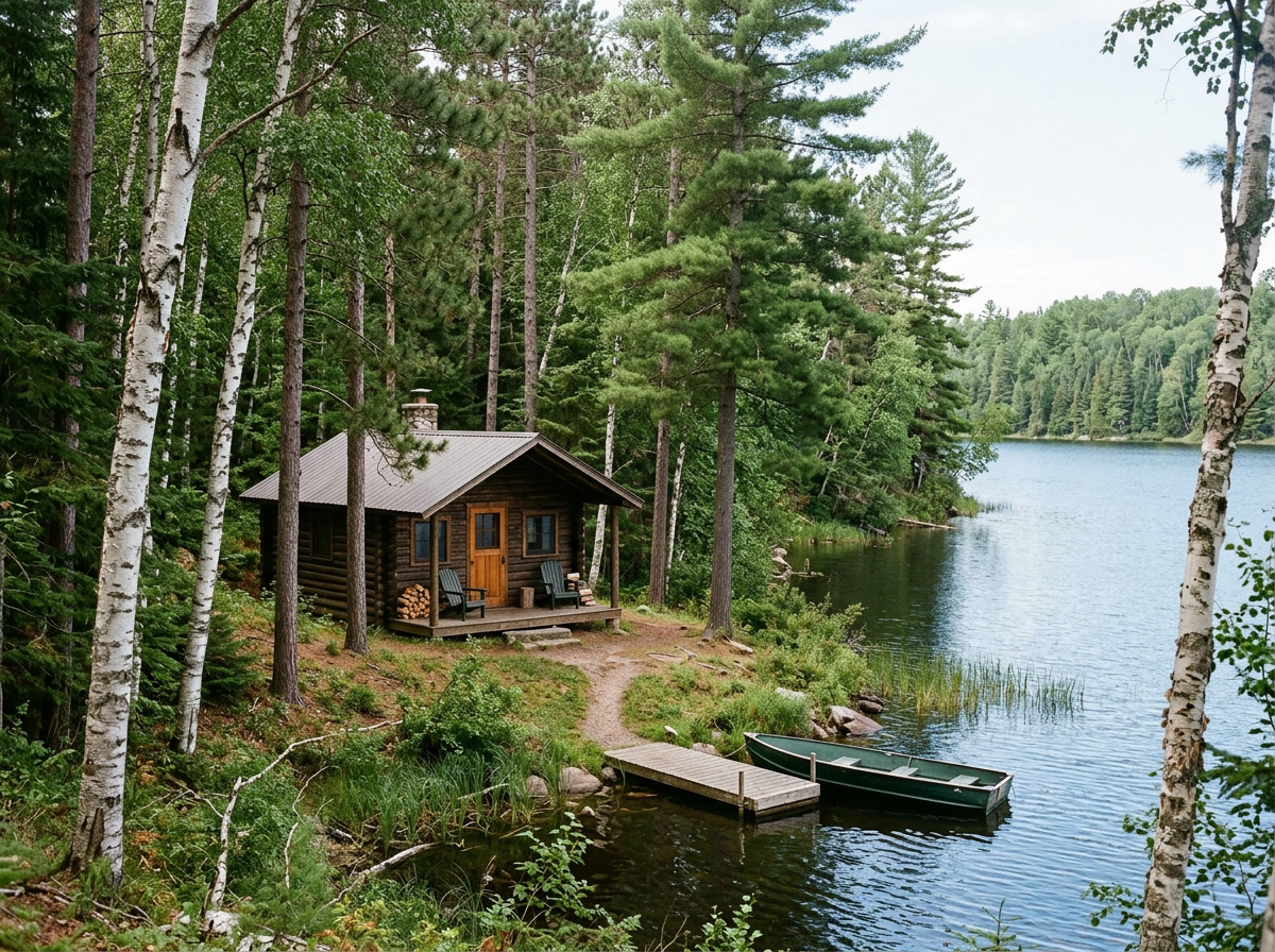 A cabin by a lake surrounded by trees, with a small dock and a boat tied to it.