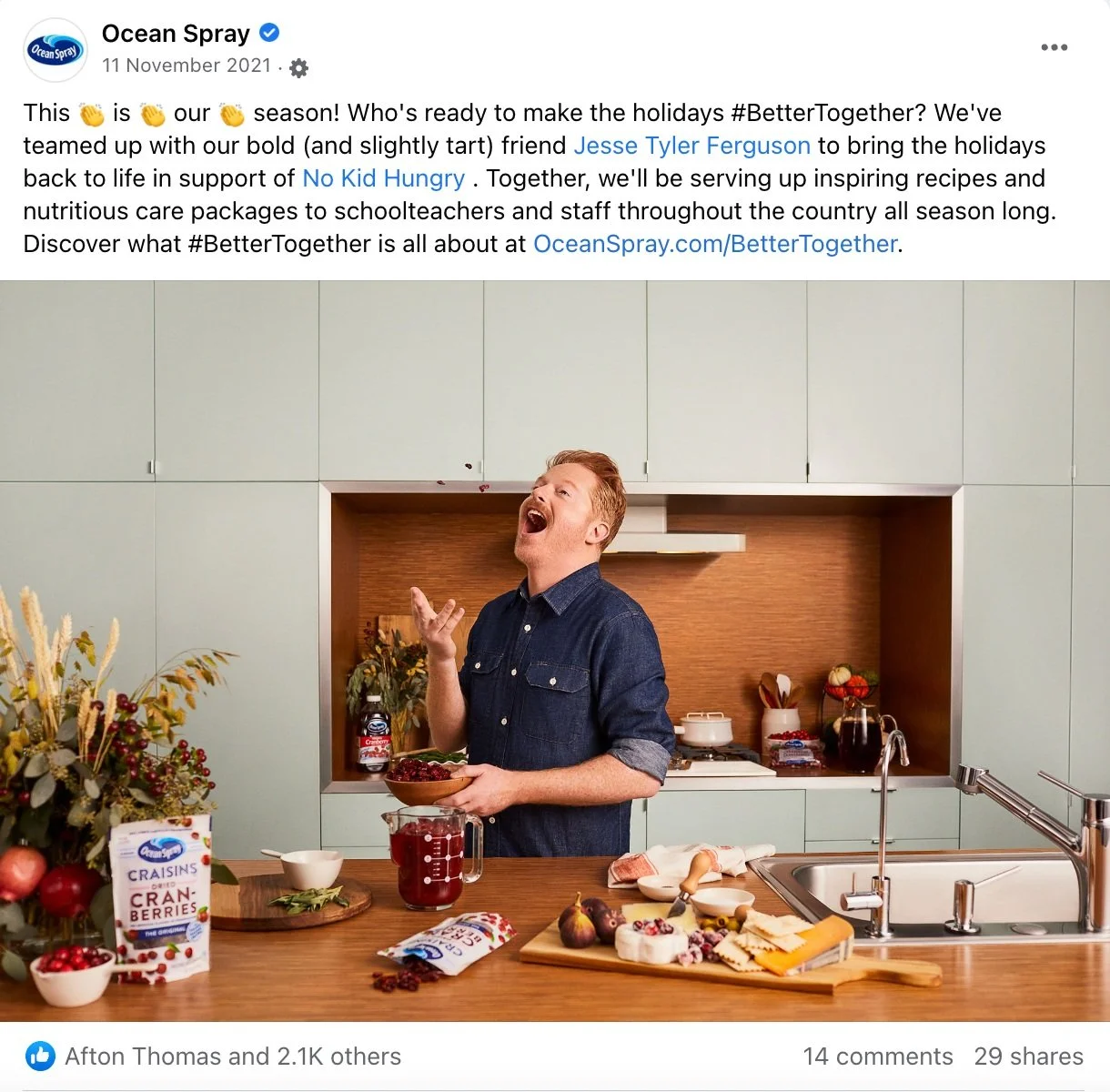 Ocean Spray Facebook post for #BetterTogether featuring Jesse Tyler Ferguson in a kitchen.