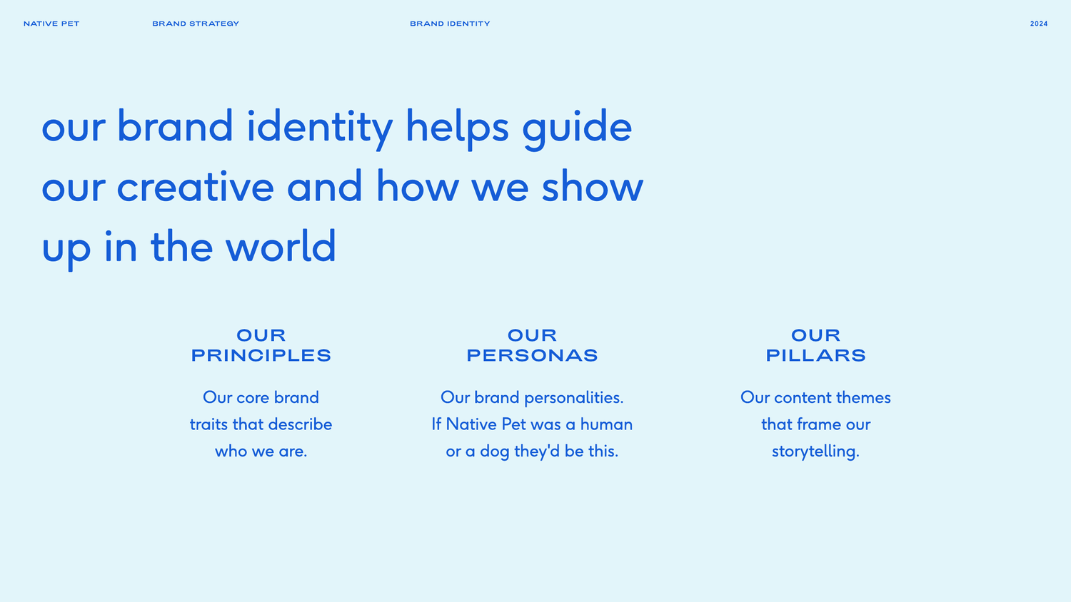 Native Pet brand identity framework connecting brand principles, audience personas, and storytelling pillars.