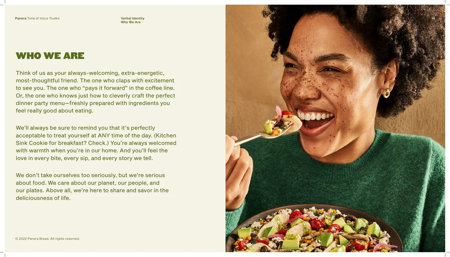 Panera Who We Are brand personality introduction, pairing warm, playful writing with a guest enjoying a meal.