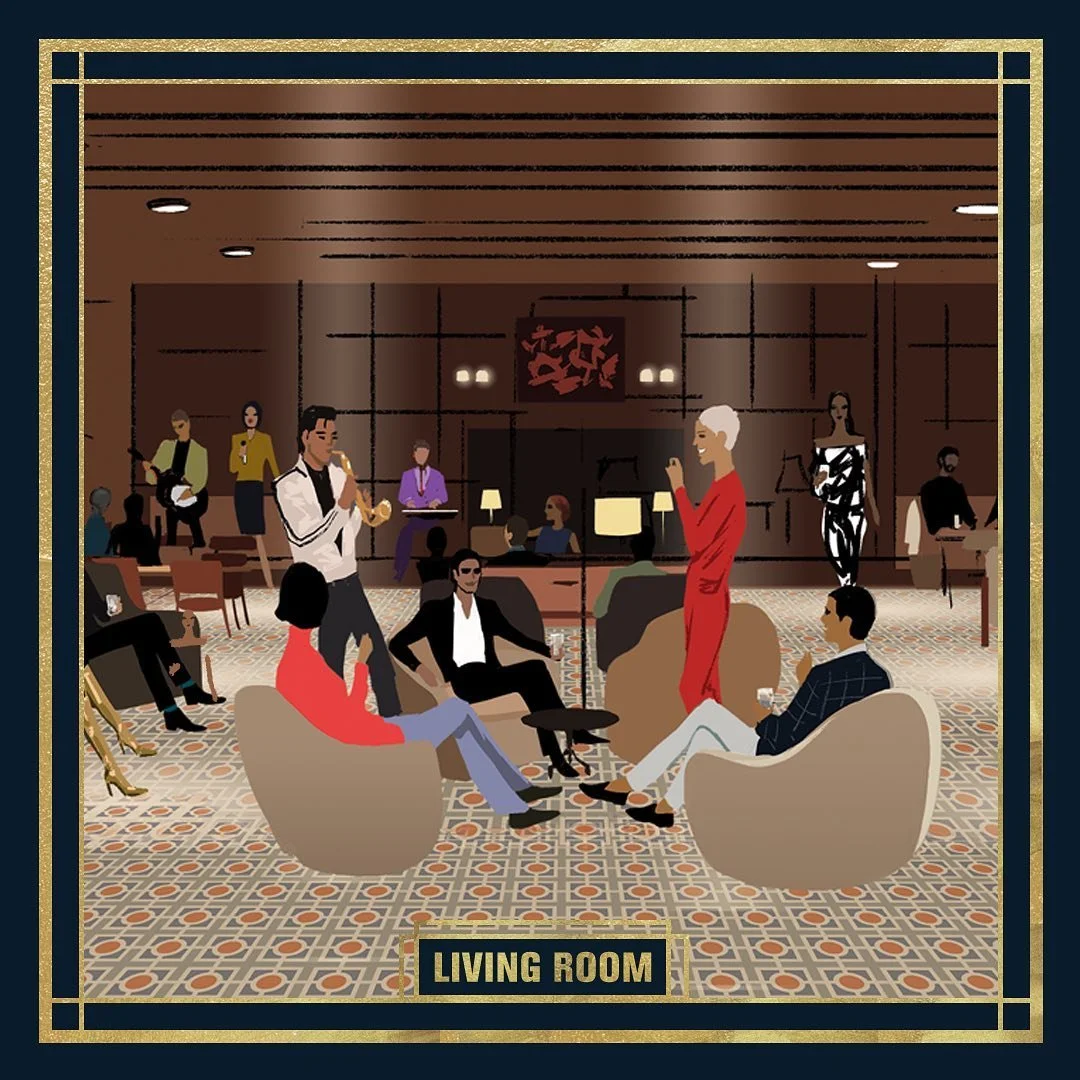 The ‘Quin House Creator series: Living Room artwork with its original navy-and-gold frame.