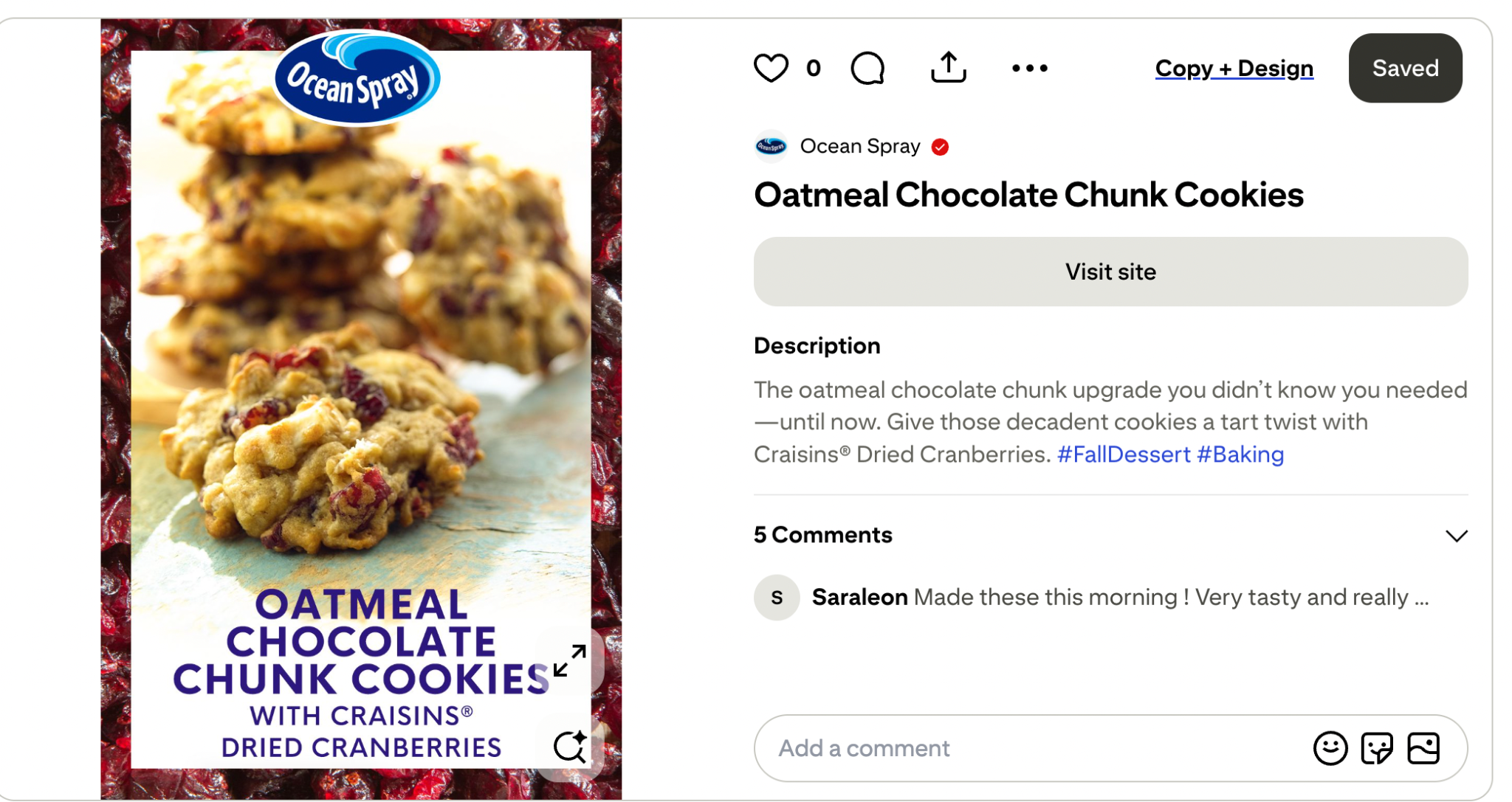 Ocean Spray Pinterest creative: oatmeal chocolate chunk cookies with Craisins dried cranberries.