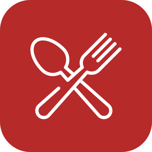 Icon of a spoon and fork crossed over each other on a red background.