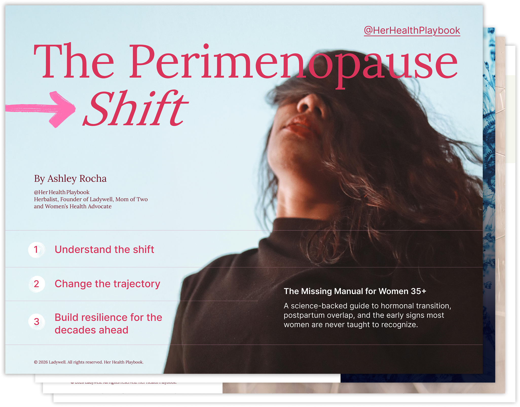Cover page of a health book titled 'The Perimenopause Shift' by Ashley Rocha, featuring a woman with long flowing hair, looking upwards with her face partially obscured.