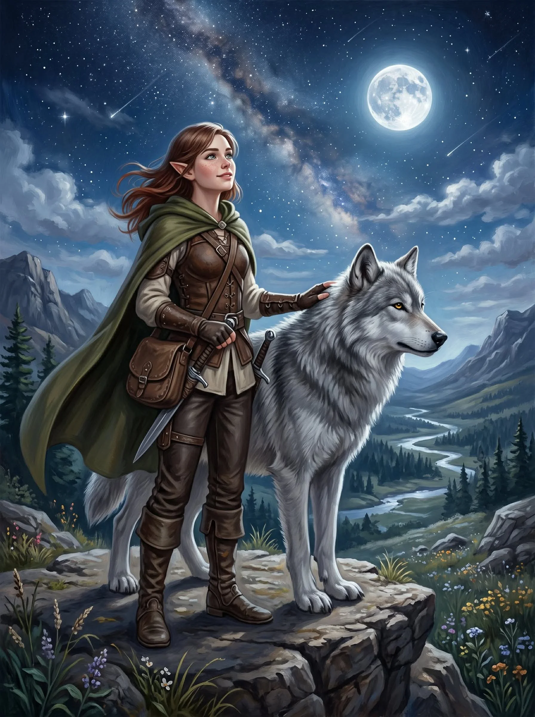An illustration of an elf woman with pointed ears standing beside a large gray wolf in a mountainous landscape under a starry night sky with the full moon, colorful wildflowers, and the Milky Way galaxy.