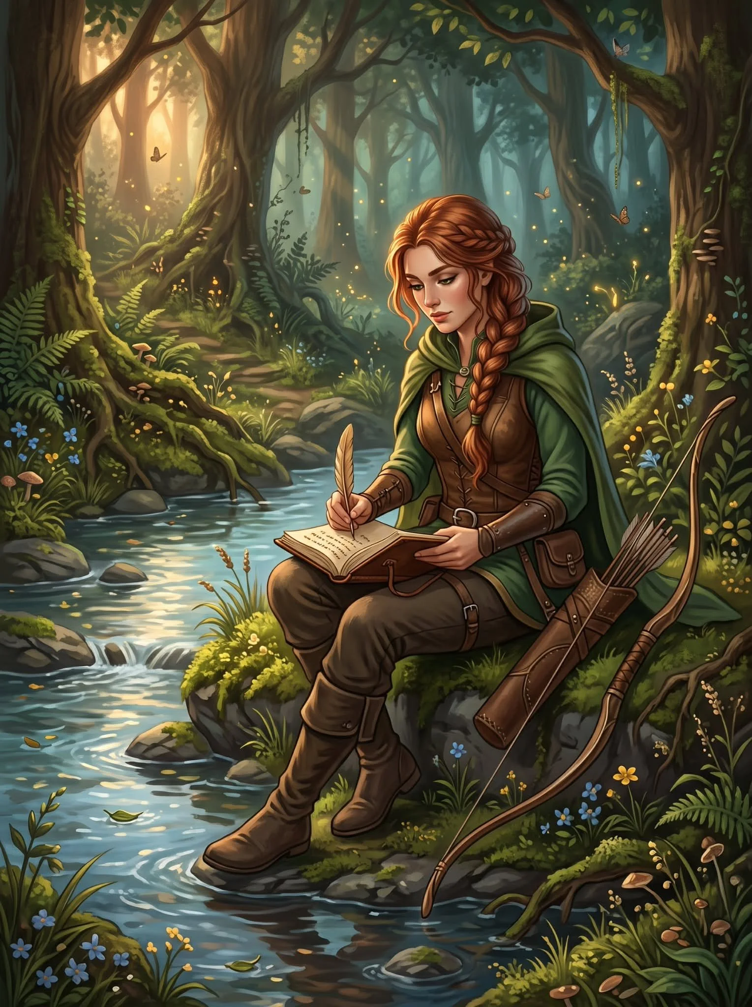 A woman with red hair braided, wearing green and brown clothing, seated by a stream in a dense, sun-dappled forest. She is writing in a book, with a bow and a quiver of arrows nearby. The forest is lush with ferns, mushrooms, and butterflies flying around.