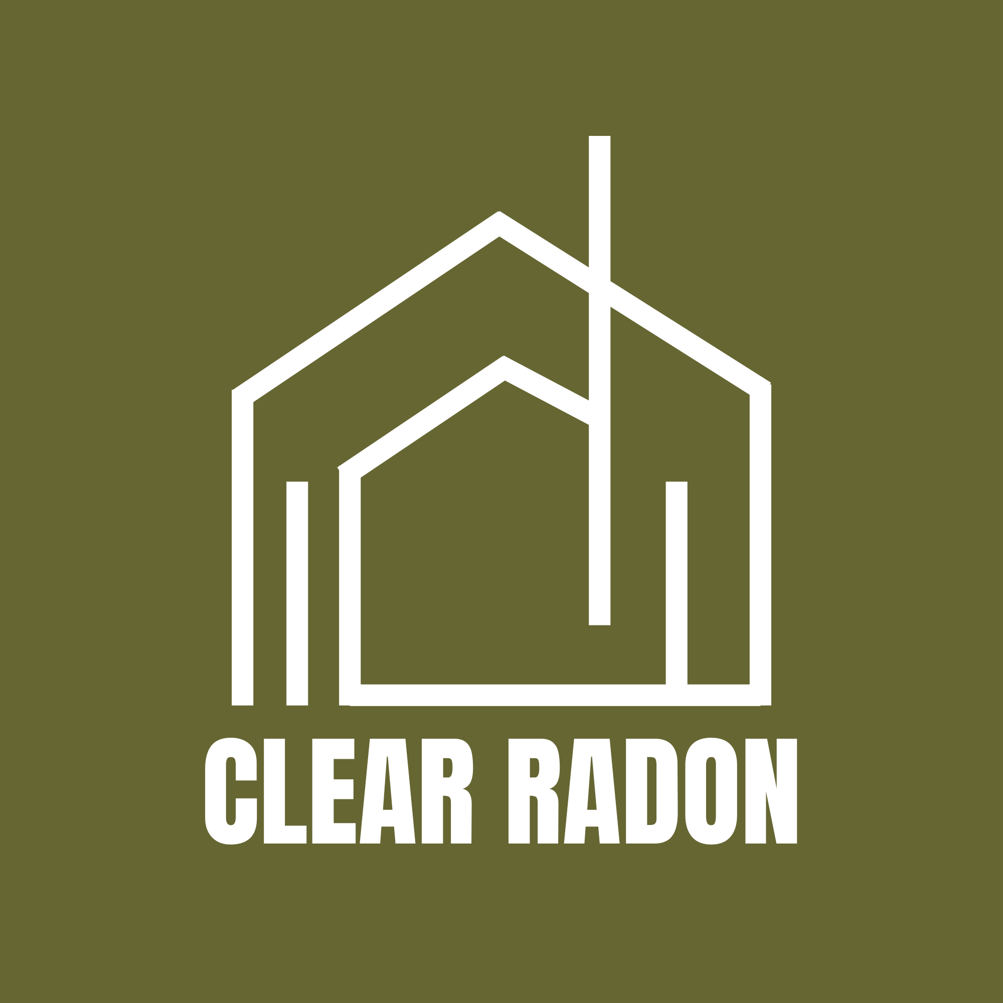Clear Radon Testing & Mitigation logo featuring a modern home outline with a radon mitigation vent pipe extending through the roof, representing residential radon solutions in Northwest Arkansas.