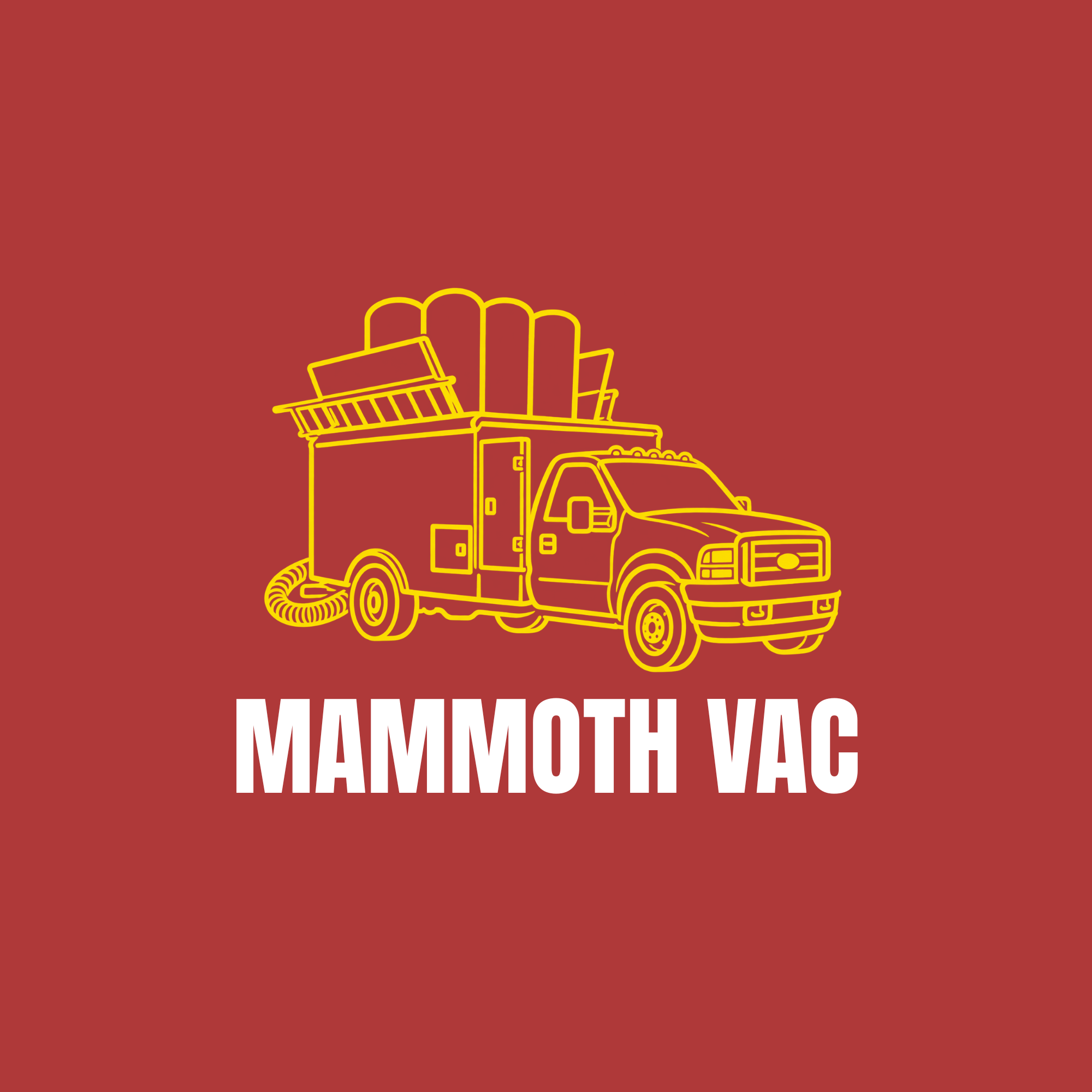 Illustration of a box truck with cleaning supplies and a yellow outline of a mammoth in the background, over a red background with white text reading "MAMMOTH VAC".