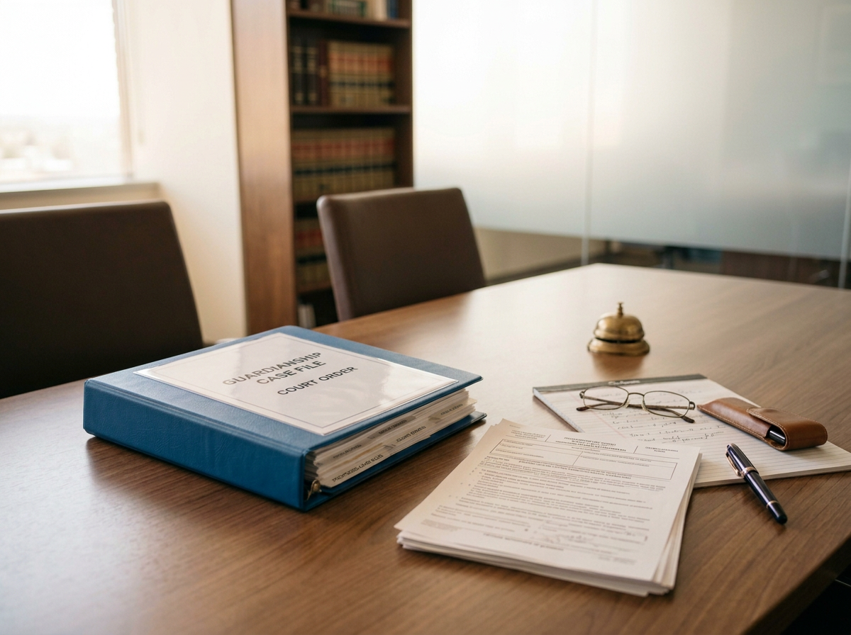 Legal documents, glasses, pen, and a small bell on a conference table in a law office or courtroom. Showing preparation for a guardianship proceeding.